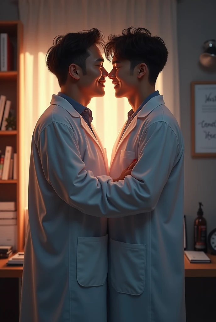 A boy who studies medicine and on his doctor's coat has the name of "Gerard" and another guy who works at Coca-Cola hugging and kissing