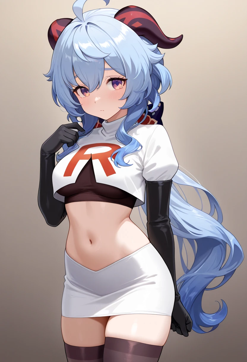 (((1 girl))) short hair, earings ,glossy lips ,team rocket uniform, red letter R, white skirt, white crop top, black thigh-high boots, black elbow gloves, evil smile, looking at viewer, cowboy shot, arms crossed, full body photo Mercedes von Martritz (Fire Emblem: Three Houses)
