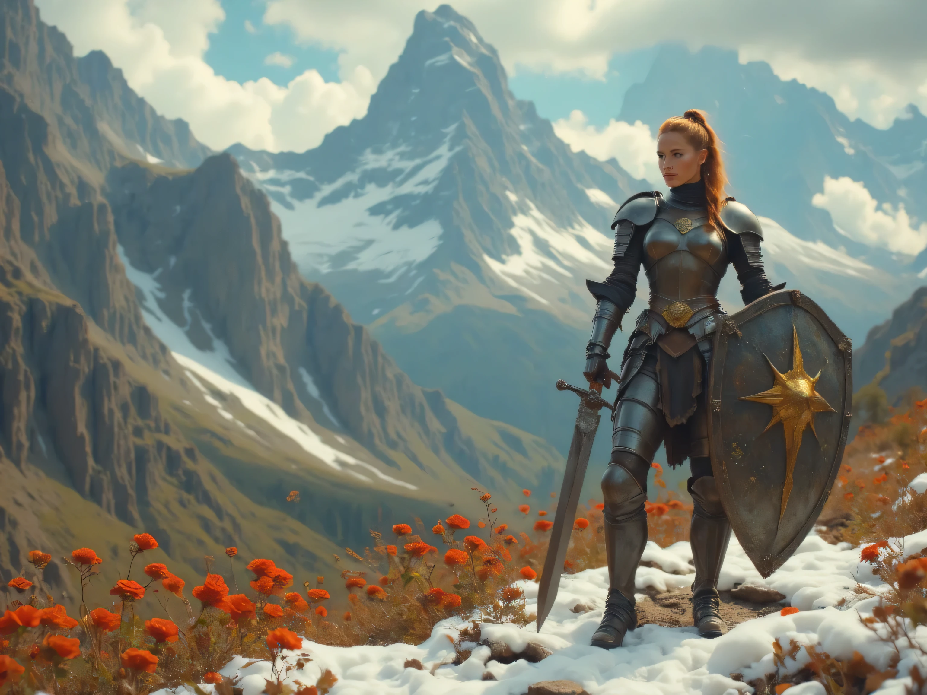 Red haired caucasian female, her hair is tied up in a long braid hanging down her back, she's clad in an black metal plate armor, standing on a snow covered field, she holds an shield with an golden emblem, hanging from her waist in a leather belt side is sword in it's scabbard, around her are small bright red flowers growing, in the background a large mountain can be seen