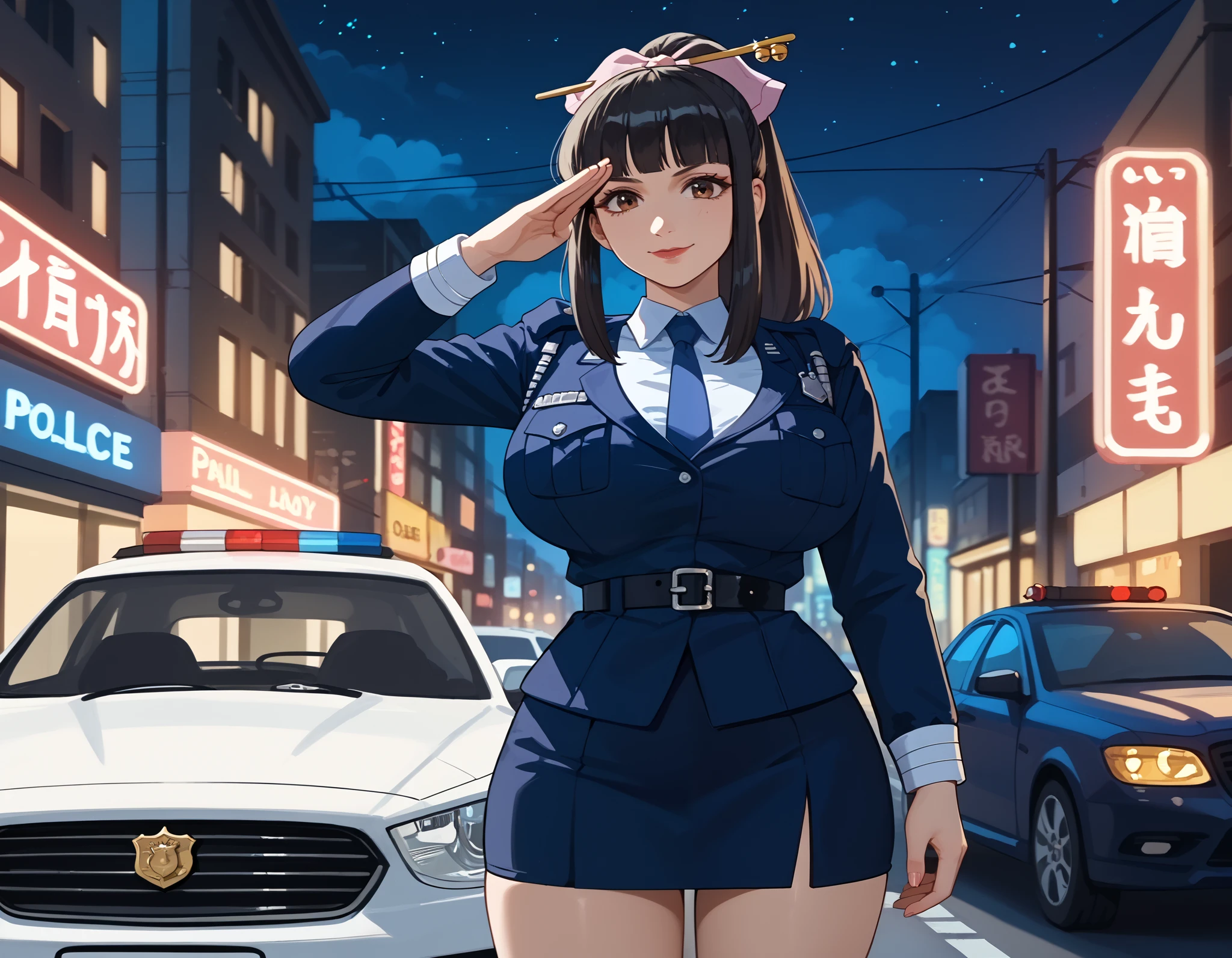 score_9, score_8_up, score_7_up, score_6_up,
Agatha, a girl is standing, two-finger salute, cowboy shot,
1girl, solo,
looking at viewer, confident, light smile,
black hair, ponytail, hair bow, hair stick, brown eyes,
police uniform, blue skirt, miniskirt,
curvy, huge breasts, thighs,
outdoors, police car, street, neon lights, night,