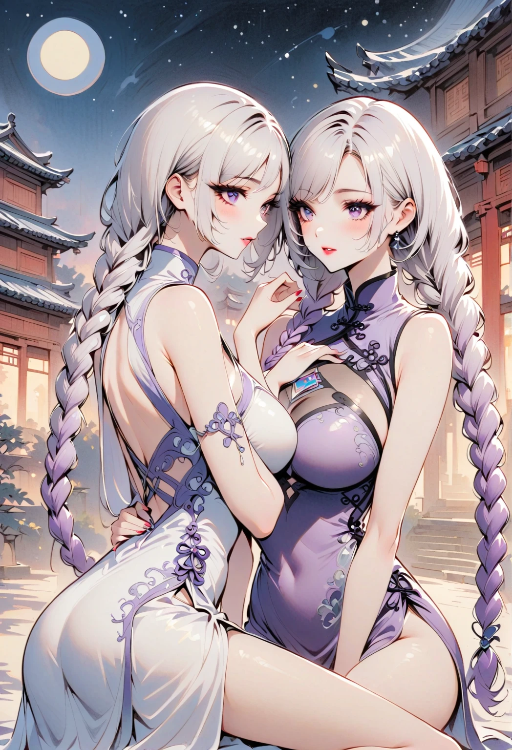 Retro Style, Chinese cheongsam sexy,High-end fashion,A couple of lovers staring at each other, yinji, purple hair, purple eyes, long hair, white hair, double braids, gradient hair,Fine details,Chic and stylish,Perfect makeup,Gorgeous expression,Beautiful and delicate eyes,Beautiful and delicate lips,Professional photography,colorful dress,Fashion Accessories,Brilliant jewelry,Luxurious fabrics,Elegant embroidery,Exquisite patterns,outdoor,(Chinese Architecture),traditional media, (moon: 1.2), Starry Sky, (Light Particles: 1.1), FOG , Snow Painting,