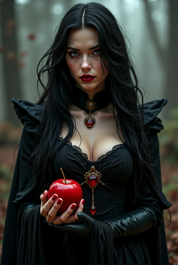((RAW photos), absurd, (absurdresolution)), masterpiece, best quality, (Extremely detailed 8k Unity CG wallpaper), (Best Illustration), (Best shadow), Realistic lighting, Beautiful and delicate light, ((21 years old)), girl, Black long hair, Black Queen, Accessories, Apple in hand, Poison apples, Witch Queen, Red lipstick, (((Her photographic perspective)))