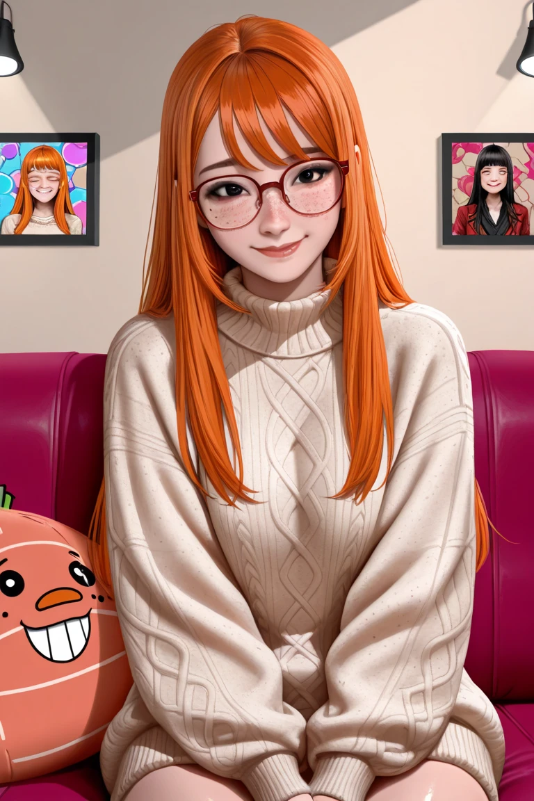 Game 8 bit, cute character, purple clothes, orange hair, brown eyes, rpg