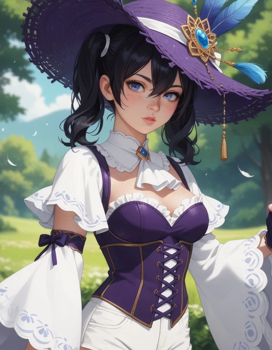 perfect eyes:1.2, detailed eyes:1.4, short hair, low twintails, twintails, black hair, freckles, purple eyes, smile, sexy, pantyhose, witch hat, cleavage, outdoors, cowboy shot, 1girl, solo, (masterpiece:1.6, best quality),
