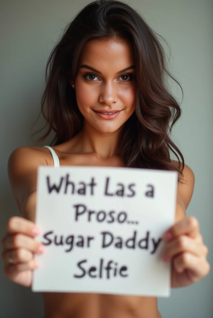 Une femme brune qui se prend en selfie en tenant un panneau avec écrit Sugar Daddy 28/08/2024 et un cœur