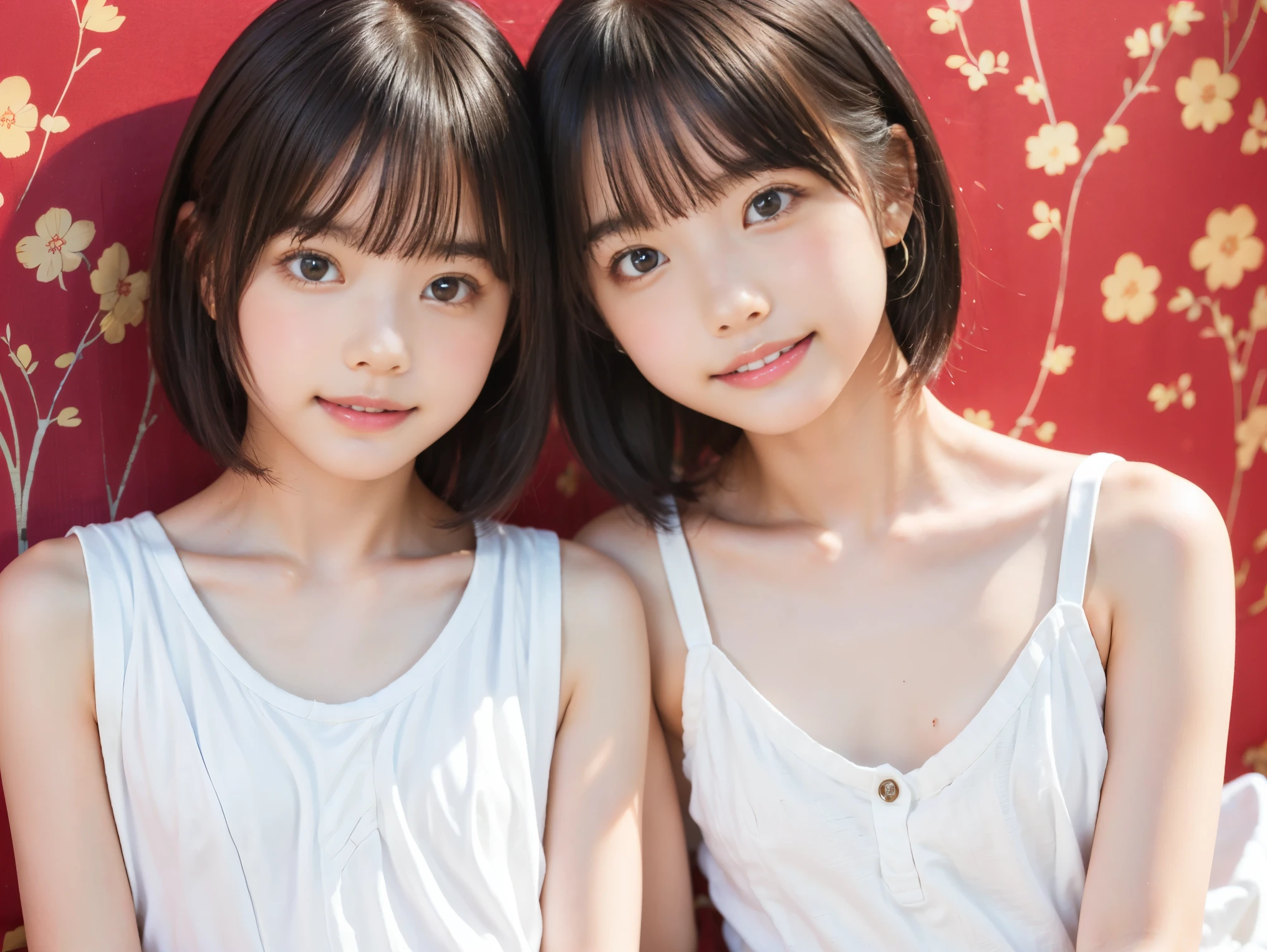 ((two girls, idol)), (((flat chest:1.5))), (((white camisole dress))), (two toddler girls, short hair girl and long hair girl, in old apartment at late night, toddler), ((pale skin:1.3, toddler body)), (smile, baby face:1.3), red room, red wallpaper, narrow room, night time, (top-quality), Realistic, (real picture, Intricate details), natural skin texture