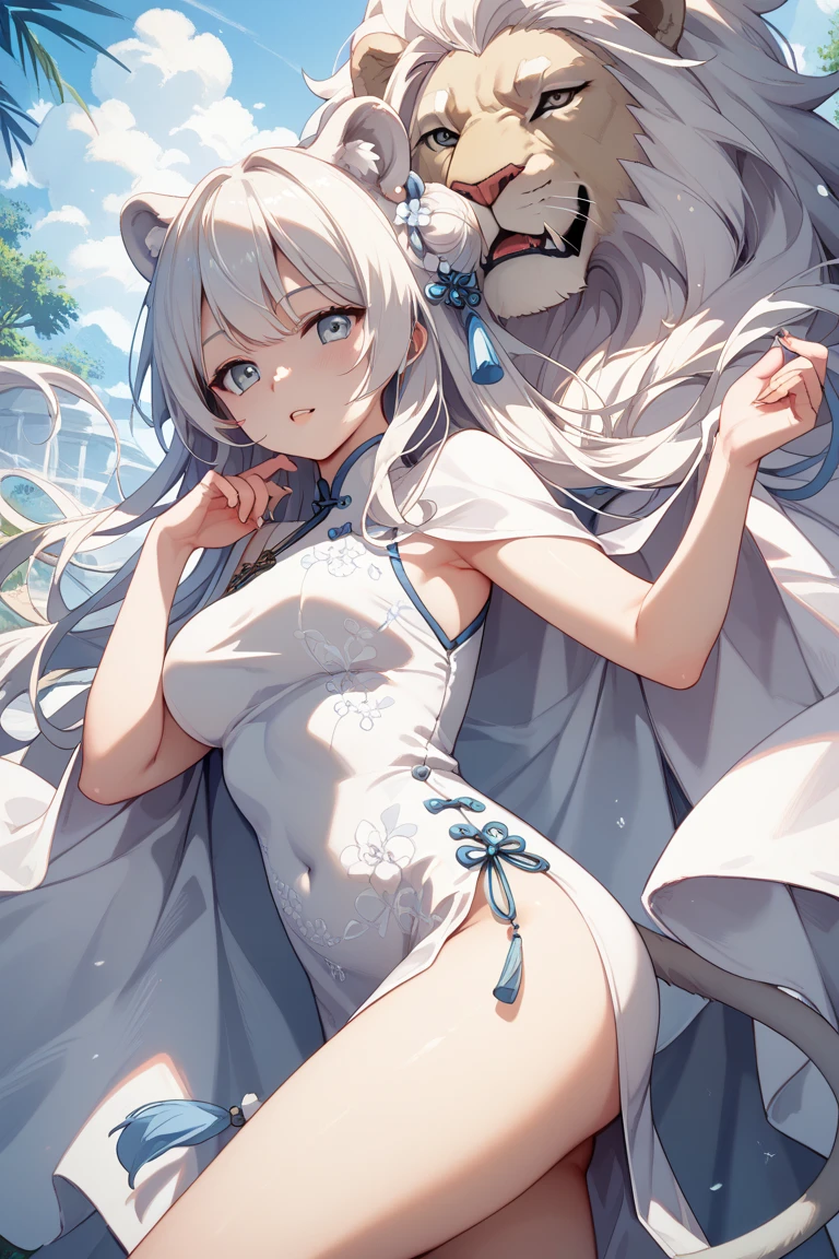 (best quality, masterpiece), 1 girl, centaur, It takes, White skin, navel, 아름다운 소녀 perfect white tiger photo, perfect white tiger photo