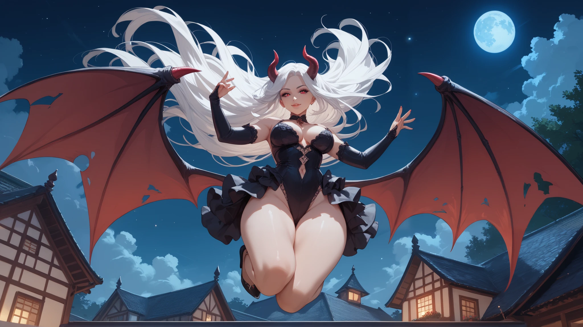 Vampire、back、turn around、darkness、In a Western-style mansion at midnight、Thighs、Big Breasts、Both eyes open、Dynamic Angle、Blood from the mouth、tooth、smile、Many bats flying、Bloodsucking、leotard、tights、Succubus
