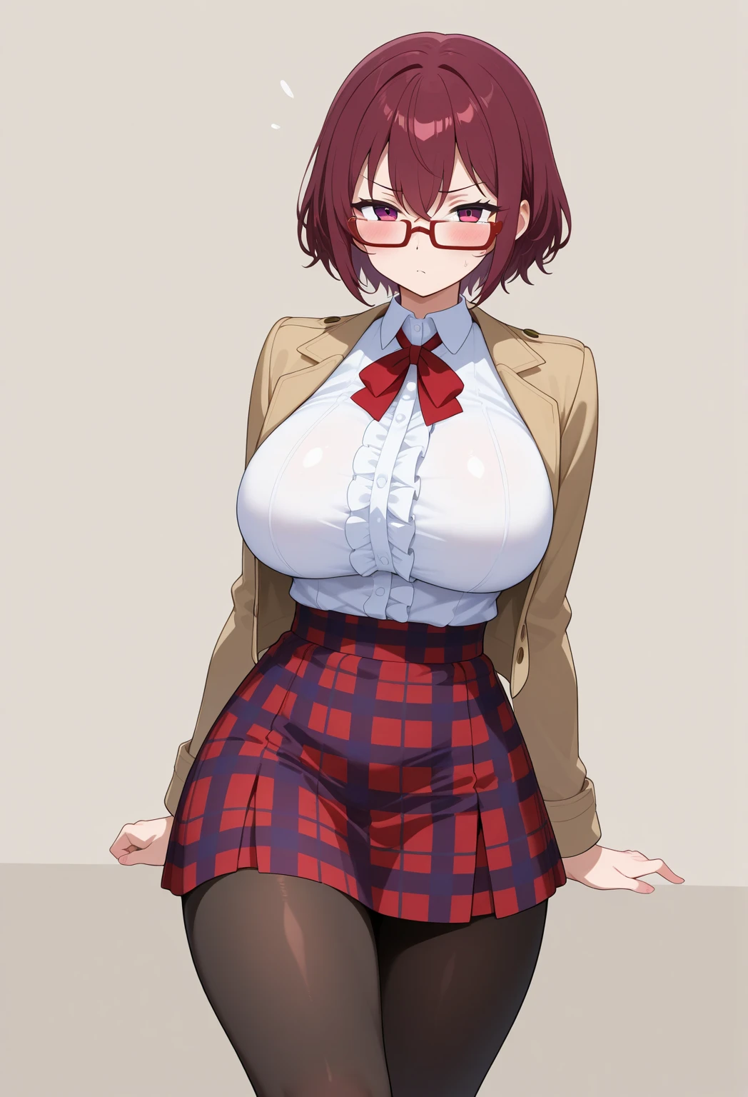 sexy pose there is a woman in a Short skirt and a shirt posing, high socks, a Surreal , Surreal , real high school girl, photorealistic rendering of anime girl, Realistic whole body, sakimichan hdri, figura completa Surrealista, photorealistic perfect body, pose casual, seductive anime girl, soft anime cg art, from girls frontline anime girl perfect body in a very Short skirt and a bow tie posing, a Surreal , real high school girl, Surreal , short full length portrait!, anime full body illustration, April rendering, The tenacity of the blue reflection, wearing a skirt, wearing a skirt, cute 3d anime girl rendering, full body illustration, Hugeなchest, super Short skirt, a shy girl, wearing glasses, dark red hair, panties, mini skirt, Short skirt, very Short skirt, split button, Thick, Masterpiece of sexy pose,of the highest quality,best illustrations,Very detailed,1 girl,alone,,attractive,blush, Huge chest,short hair, dark red hair, Big,((Huge_chest))),