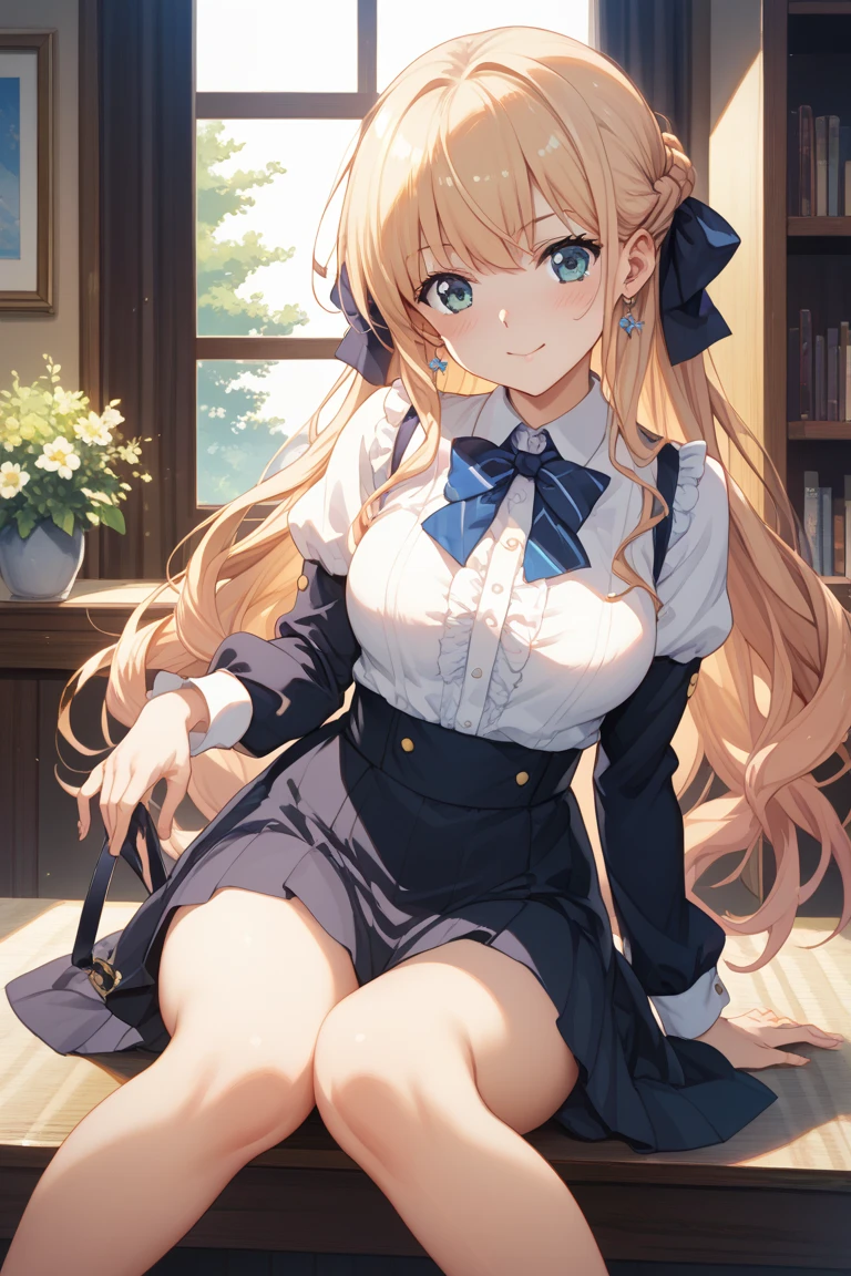 extremely delicate and beautiful, masterpiece, (Depth of field:1.2), slightly smile, 1Girl, solo, blunt bangs, green eyes, orange hair, very long hair, medium breasts, blue eyes, brown hair, aqua eyes, blonde hair, brown footwear, pleated and frilled blue plaid skirt, blue neck ribbon, collared white dress shirt, , lace-up knee boots, cross-laced footwear, black thighhighs under boots, thigh strap, black blue vest, puffy long sleeves, zettai ryouiki, belt, (white panties:1.5), (short, tiny, ager,:1.2), (spread legs, open legs, knee up:1.3), small breasts, naval, groin, perineum, leaning back, body tilt, shy, blush, embarrassed, arms behind back, cowboy shot, dutch angle,
