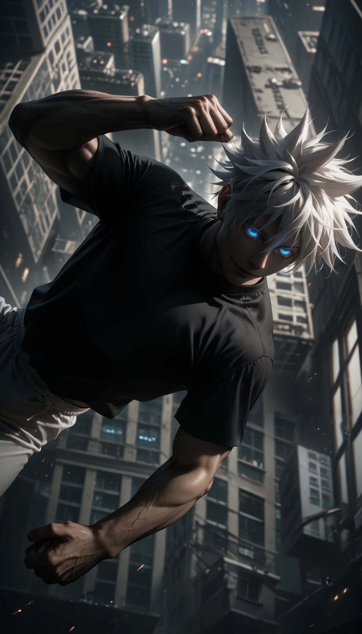 dutch angle, masterpiece, best quality, short hair, 1man, white hair,spiked hair, gojou satoru, blue eyes, colored eyelashes, hair between eyes,white pants, tight black longsleeve, muscles, tight-fitting black T-shirt, сrazy smile, flying over the city, karate pants, High above the city, glowing eyes