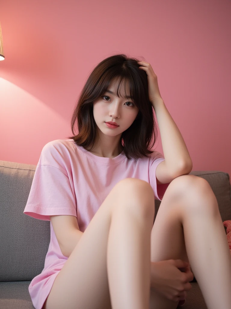 (top-quality、8K、32K、masterpiece,)Beautuful Women、((breasts of medium size,))pink cotton t-shirt、clothes are very tight、Pink panty、Sitting on the couch、Sit with your legs up、Hold your knees with both hands、((No makeup))((I don'dong'don't wear mascara))Shot from the side、profile、Natural look、White sofa、Dark room at night、warm light from a floor lamp、Warm atmosphere、Pretty Face、skin is real、The eyes are realistic
