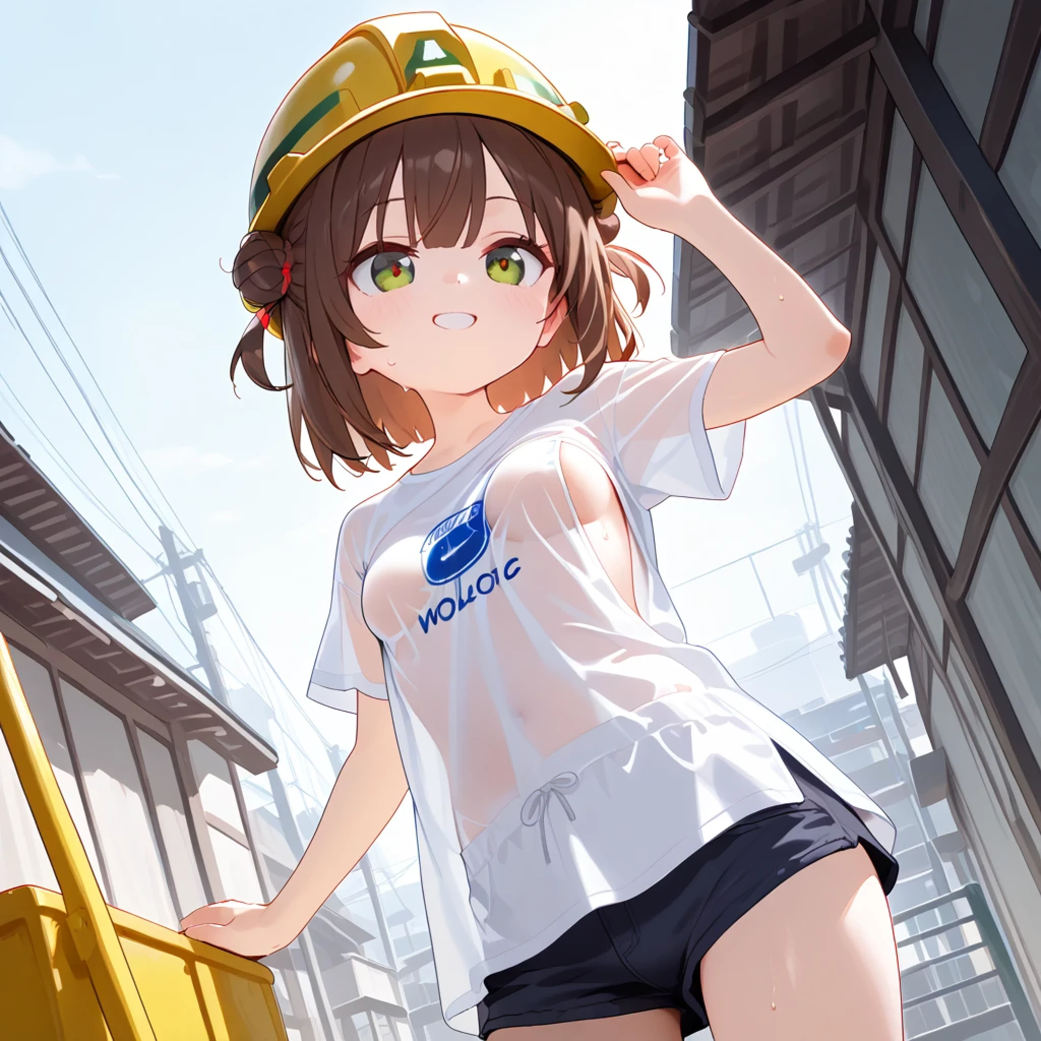 (Incredibly Absurdres Absolutely Resolution: 1.5), Top Quality, Masterpiece, Ultra High Definition, 1 adolescent, short hair, hair buns, brown hair, green eyes, playful smile, detailed eyes, smooth lines, cute, blush, from distance, full-body shot, medium size round , gravure pose, construction worker helmet, short shorts, legs visible, low angle from bellow, sweat, (grabing shirt showing lower side of :1.4)