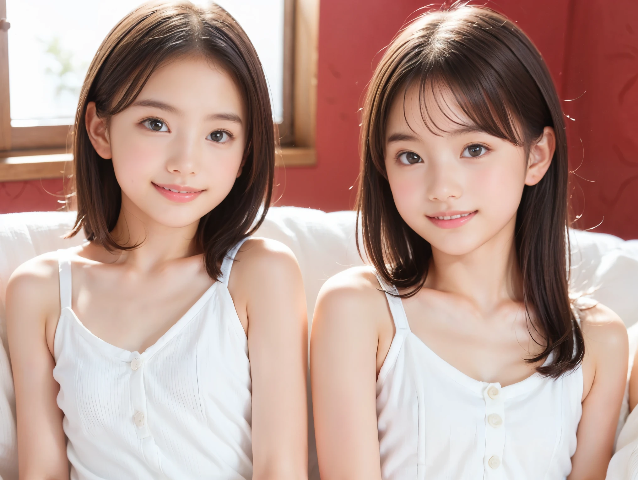 ((two girls, idol)), (((flat chest:1.5))), (((white camisole dress))), (two toddler girls, short hair girl and long hair girl, in old apartment at late night, toddler), ((pale skin:1.3, toddler body)), (smile, baby face:1.3), red room, red wallpaper, narrow room, night time, (top-quality), Realistic, (real picture, Intricate details), natural skin texture