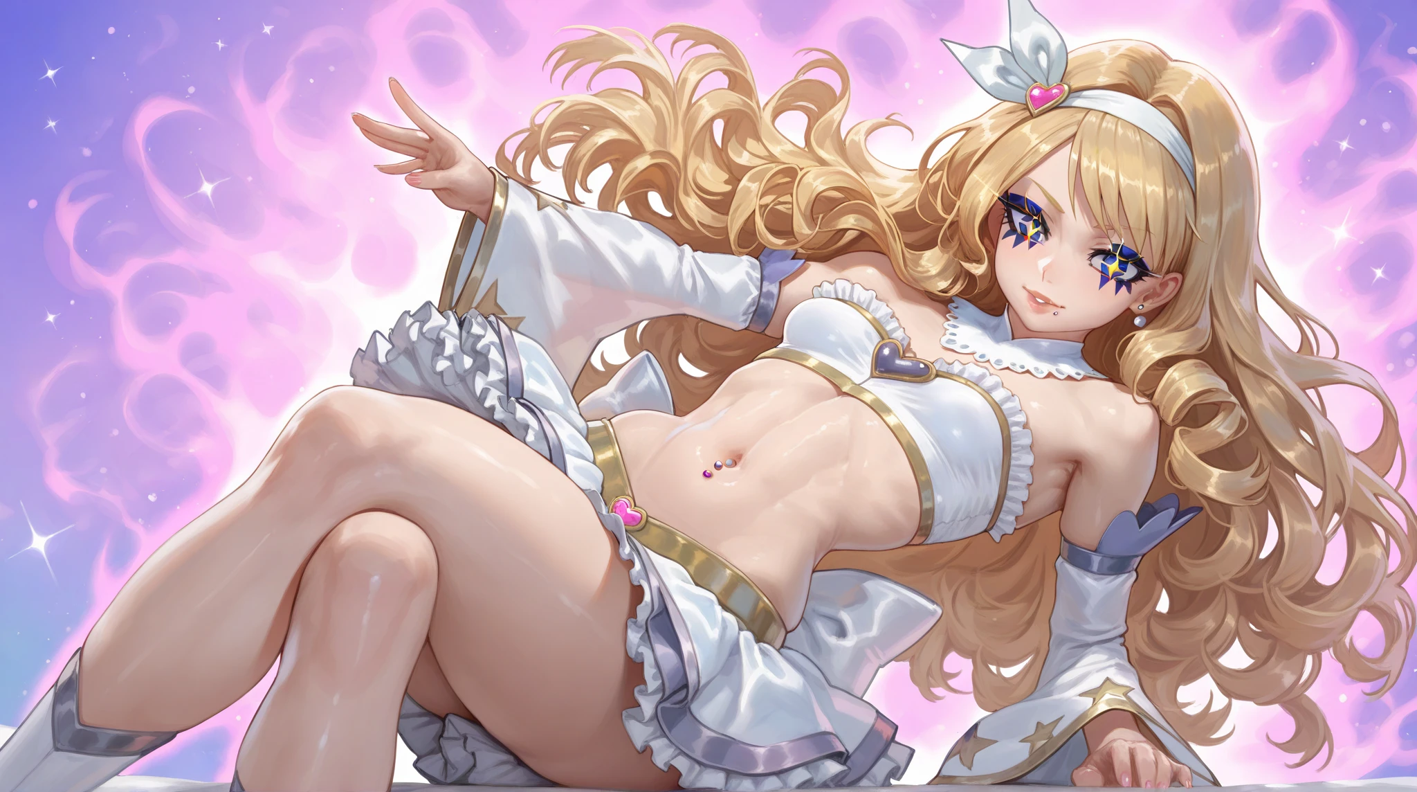 ,Perfect body,Perfect hands,Small breasts,Laughing with your mouth open,blonde,Magical Girl Costume,Simple Background ,hair ornaments,Pink Eyes,Best image quality,highest quality