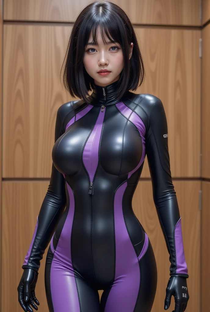 (Finest quality)),(A high resolution),(ultra-detailed art),(Meticulous portrayal),((Best Anime)),(Finest works of art),sharpness,Clear,Ultra-Precision Art,The art of astounding depiction,((female ninja)),(masterpiece),
earings,
short Hair, purple hair, vibrant purple hair, extremely detailed hair, detailed bangs, with bangs, shoulder-length hair only,
pretty face, beautiful lips, soft lips,pretty face, close up face,serious face, pretty nose, beautiful nose,
pretty eyes, beautiful eyes, detailed eyes, perfect eyes, green eyes,
happy face, jolly face, perfect smile,

clear skin,white skin, soft skin,  small bust, smooth skin,
korean girl, korean beauty, irene, red velvet irene, 

ninja, female ninja, ninja clothing, detailed ninja clothing, ninja armor, ninja suit, turtle neck, short sleeves, arm sleeves, expose upper arm, dark shorts, cycling shorts, safety shorts, gloves,
looking at camera,

standing, cool pose, hide breasts, full body, whole body,show navel,
super low-angle shot, looking down, no background,looking at camera,






detailed skin, slim body,