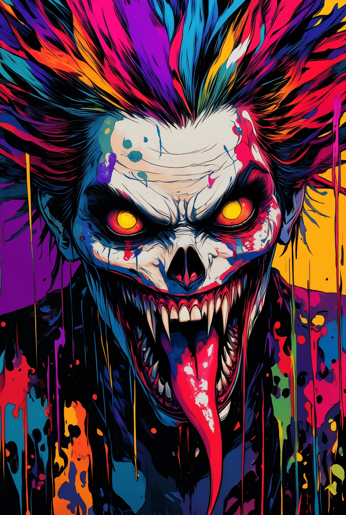 colorful abstract androgynous zombie, bright splashes of paint on his face and hair, Venom's smile, sharp crimson tongue,sharp teeth, burning yellow snake eyes, head turn, dynamic pose, spectacular lighting, bright colors, tense facial expression, creepy atmosphere, dark fantasy, high detail, digital art