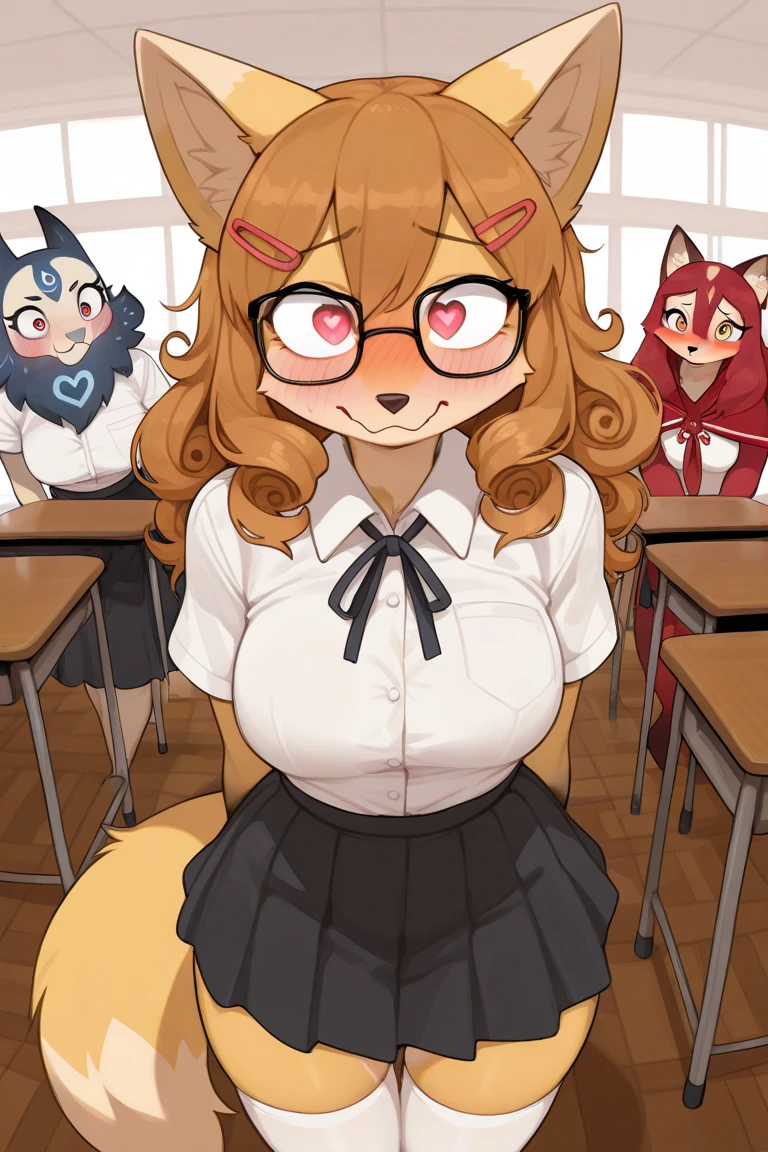best quality,best resolution,(fluffy anthro furry :1.6),fox girl,red long hair,curvy hair,classroom,light and shadow,(white shirt),((2 chicas, duo, anthro furry :1.6 cat)),sleeveless,red necktie,black skirt,white stocking,glasses,flower hairpin,looking at viewer,horny face,open mouth,very close eyes,orgasm,full face blush,tense pose,heart eyes,heart expression eyes,horny pose