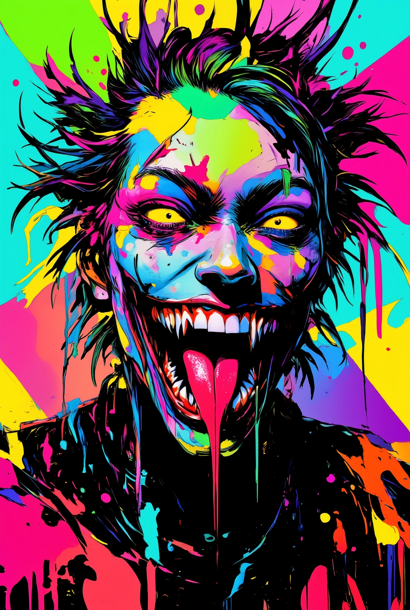 colorful abstract androgynous zombie, bright splashes of paint on his face and hair, Venom's smile, sharp crimson tongue,sharp teeth, burning yellow snake eyes, head turn, dynamic pose, spectacular lighting, bright colors, tense facial expression, creepy atmosphere, dark fantasy, high detail, digital art
