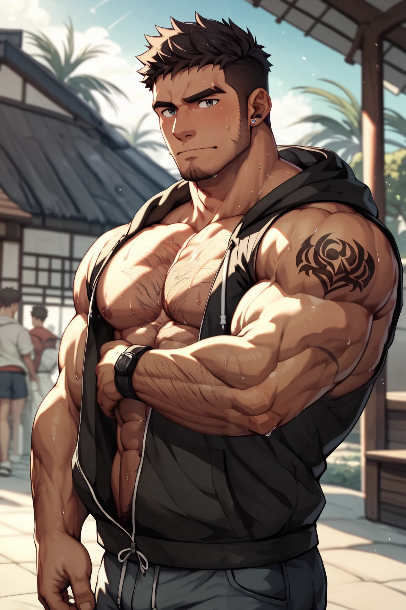 Shaved head、Blindfold、Highest quality、chest hair、Body hairy、Embarrassed face、Muscular man in a crouched position、Perfect Erection、Perfect penis、Perfect hands、Spray lots of sperm on the body、Lots of sweating、Apply lots of lotion to your body、Please attach the shoulder strap、Night starry sky、garden