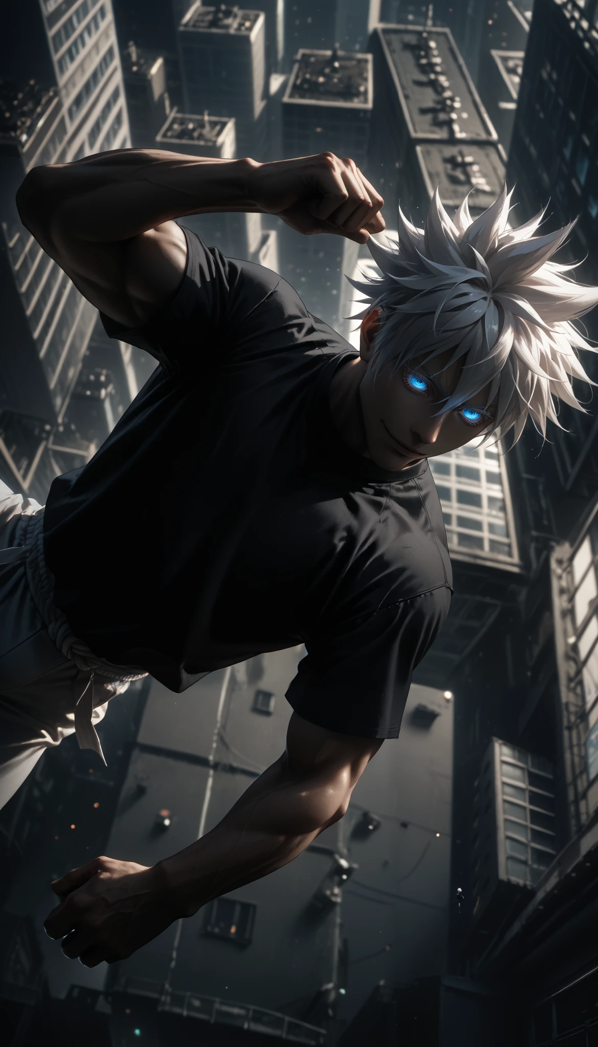 retina, dutch angle, masterpiece, best quality, short hair, 1man, white hair,spiked hair, gojou satoru, blue eyes, colored eyelashes, hair between eyes,white pants, tight black longsleeve, muscles, tight-fitting black T-shirt, сrazy smile, flying over the city, karate pants, High above the city, glowing eyes