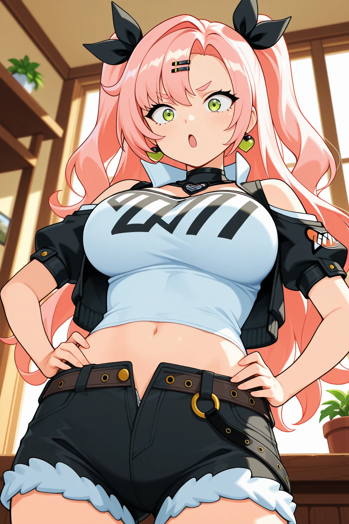 huge breasts, medium hips, heterochromia eyes, dark pink hair, black crop top, denim shorts