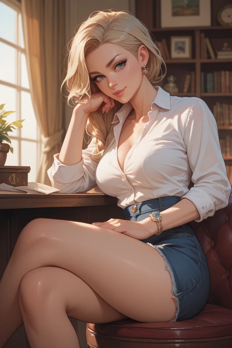 1 woman, sitting on chair with her feet up, mini skirt, white socks, showing panties, looking down at you with smirk, extremely detailed face, detailed eyes and lips, photorealistic, cinematic lighting, masterpiece, 8k, high quality, intricate details