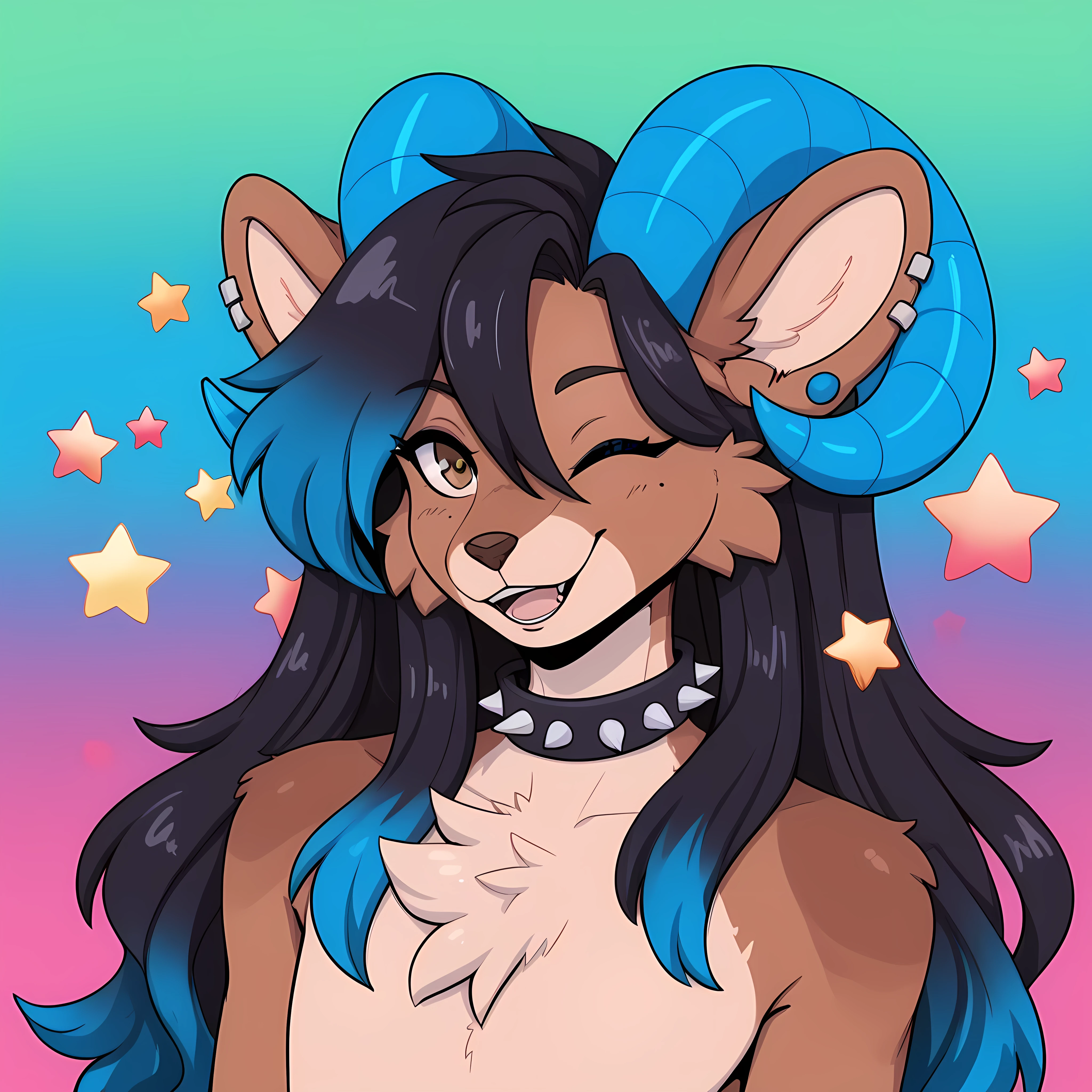 (looking at viewer:1.2), colorful psychedelic stars background, (blue curled horns), feminine, furry, eyes outlined, neck tuft, chest tuft, flat ches, hazel eyes, ((long hair, long black hair with blue tips on hair, black hair with blue highlights in hair)), ear piercing, ((brown fur, two tone body)), black spiked choker, focus on the face, face only, happy expression, thick drawing lines, winking