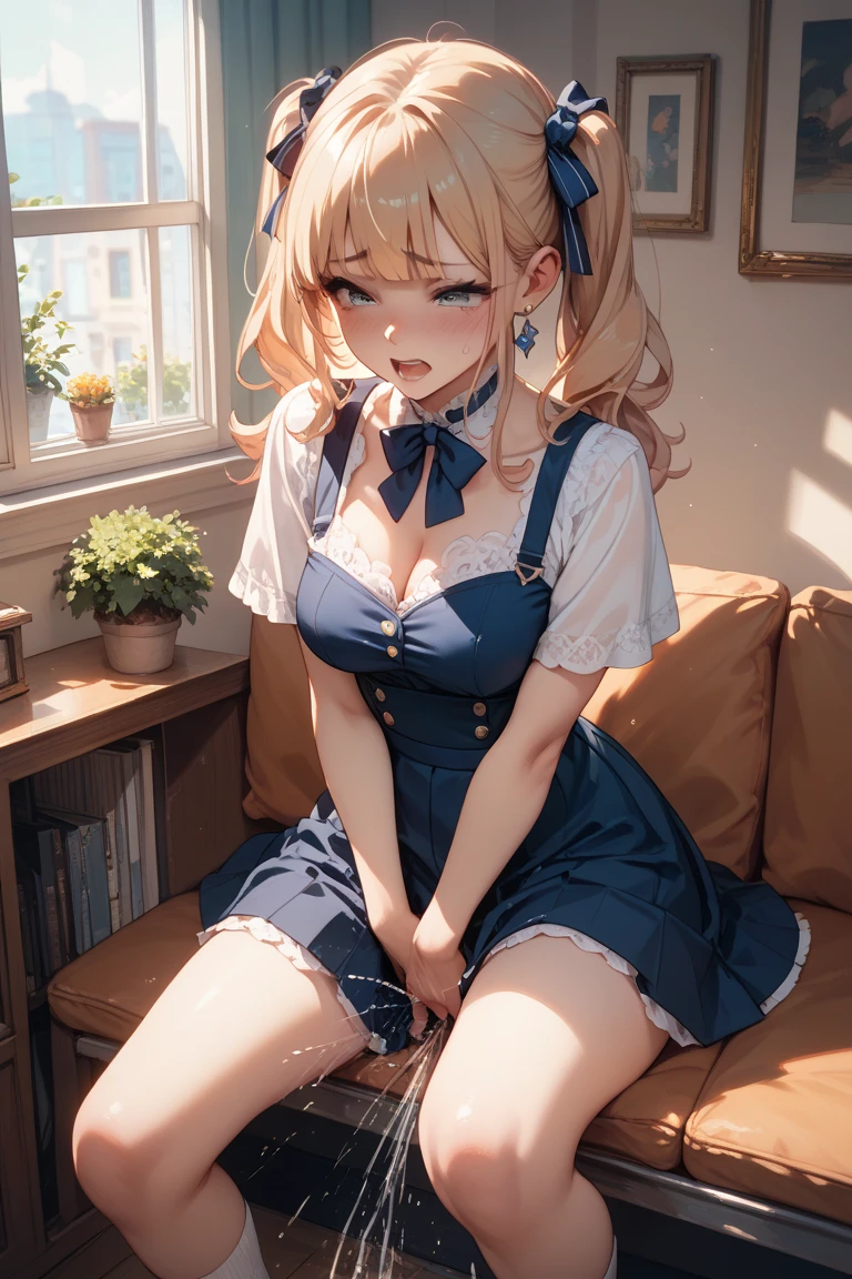 One girl、A little sexy、Blonde、Red sparkling eyes、detailed cute eyes,(glowing eyes:1.4),laugh heartily,((Droopy eyeedium Curl Hair、Dog ears、small breasts,office, bookshelf,office lady,milf,
( blue lace sheer shirts:1.3),(short sleeves:1.1),white panties, sheer leggings, shirt, skirt,
squatting,