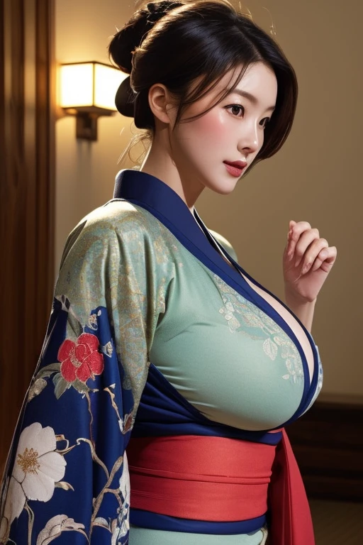 (top-quality,8K,​masterpiece),Middle-aged woman、Kimono,Shoulders are sticking out,very very gigantic ,Emphasizes cleavage,A detailed eye,Detailed lips,Detailed skin,