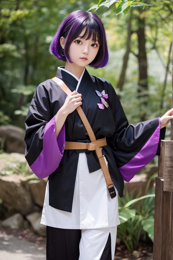 1GIRL, SOLO, KOCHOU SHINOBU, BUTTERFLY HAIR ORNAMENT, PURPLE EYES, MULTICOLORED HAIR, SHORT HAIR, PARTED BANGS, HAORI, WIDE SLEEVES, LONG SLEEVES, BLACK PANTS, BLACK JACKET, BELT