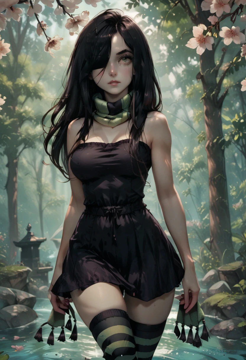 1female, black hair, long hair, black eyes, black dress, busty, beautiful, night, forest, lip gloss, eye shadow