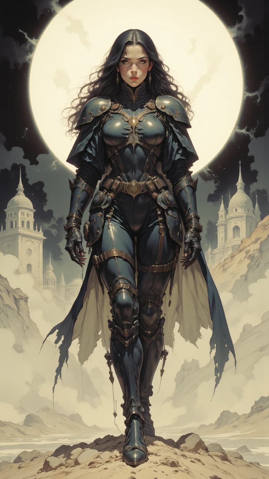 Beautiful chubby evil succubus robot lady with long hair wearing a long dress holding a sword in her hands standing in a lake , wearing a mask,dark atmosphere 