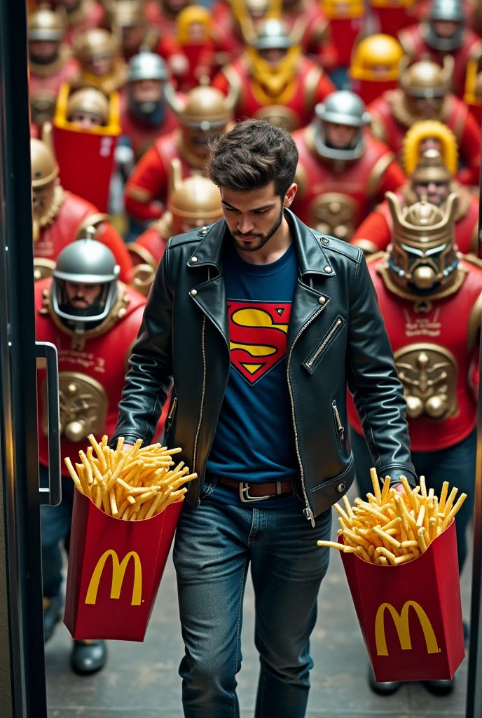 Create an image of McDonald's Man, A superhero with the Golden M on his chest, who uses fries and burgers as projectiles