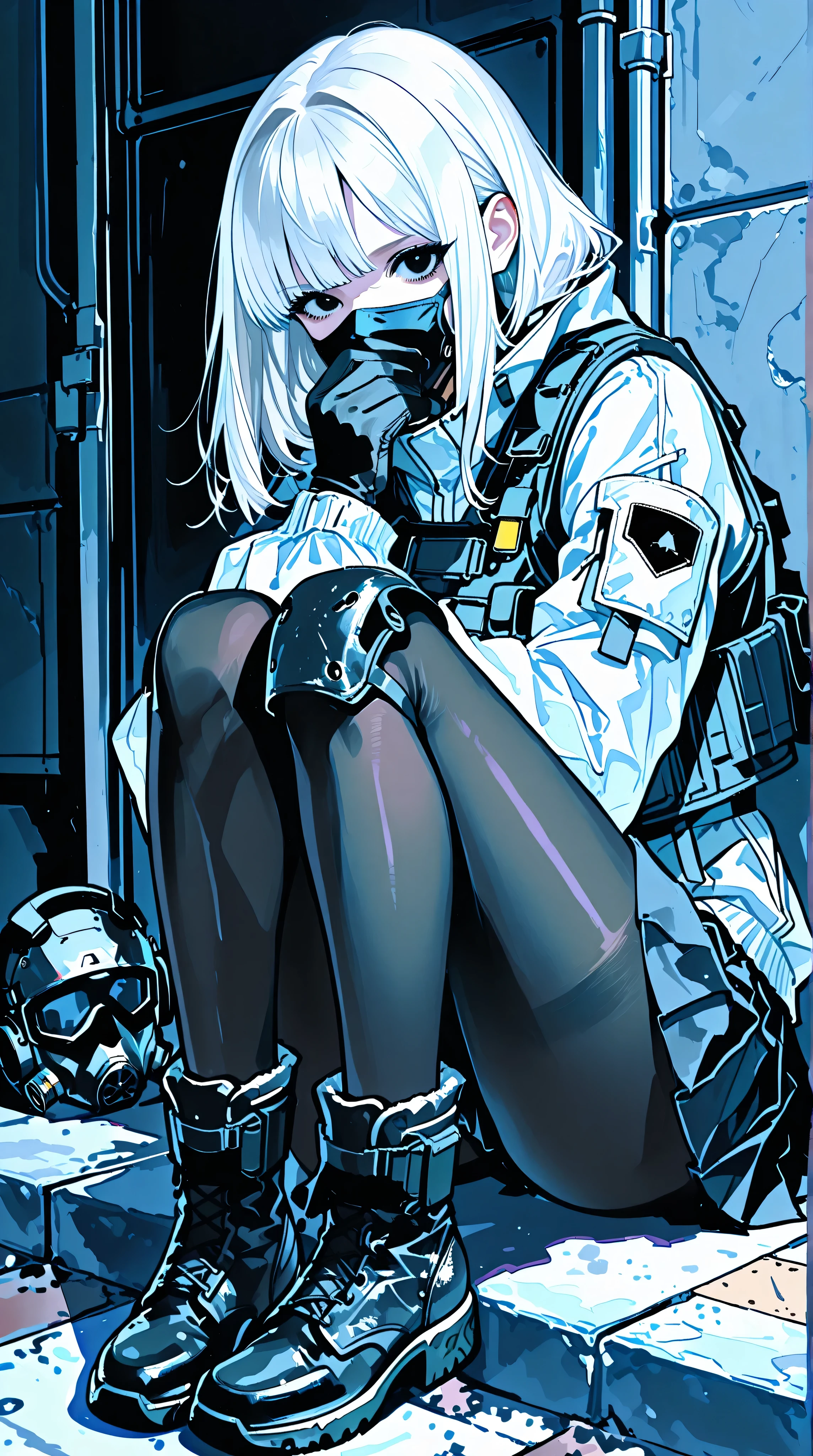 1 girl, she has short white hair with bangs, black eyes, wearing a white waterproof combat jacket paired with a matte black pleated skirt, a tactical vest over the top, short boots, and a mask covering the mouth. legs with black pantyhose, Tactical gloves, mechanical kneepads