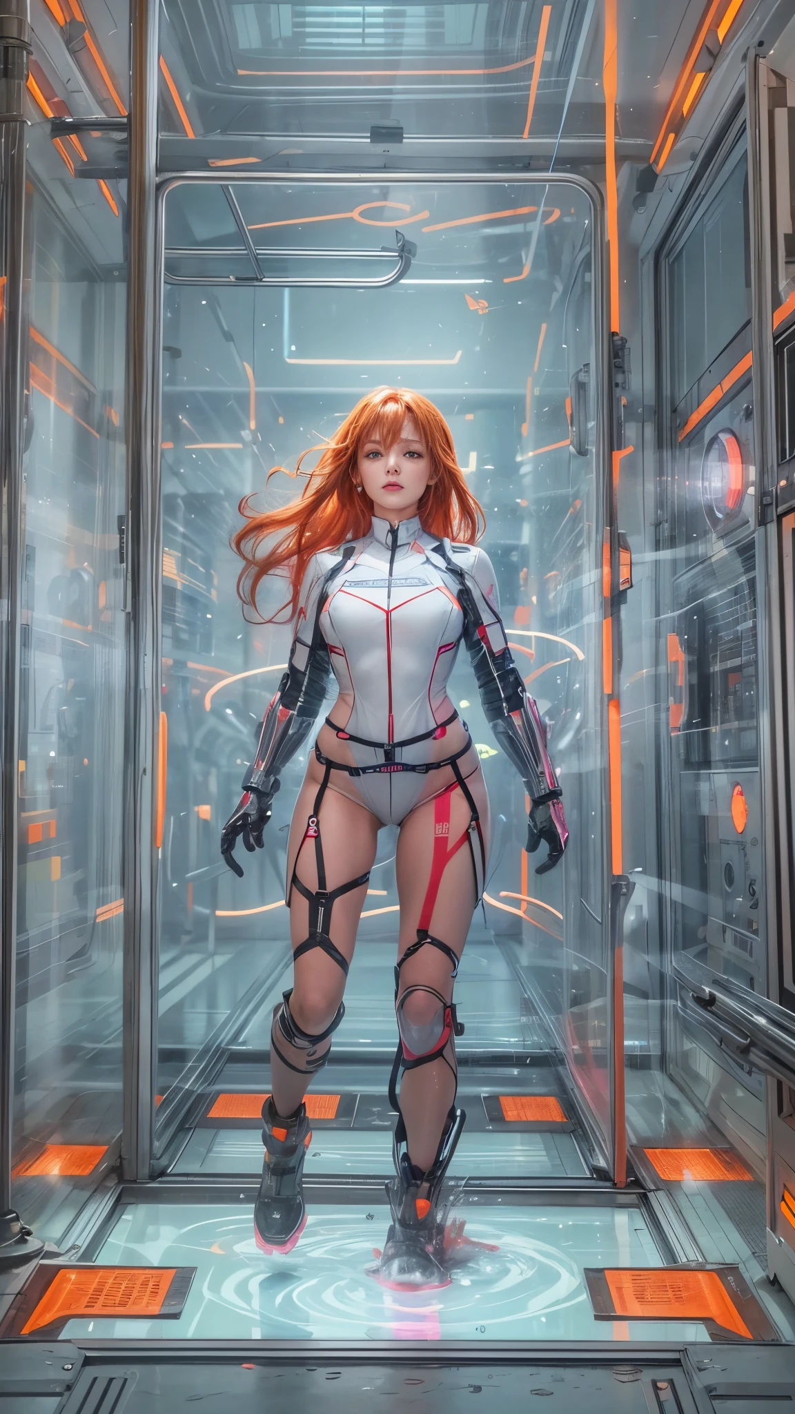 A woman, (Long dark red hair, Big Wave: 1.5), (Oval face: 1.3), (Royal sisters: 1.3), 8k, Best image quality, masterpiece, (Ultra-high resolution: 1.2), (White exquisite armor: 1.4), (Real hand details: 1.2), (HD: 1.2), (blue eyes: 1.5), (Beautiful Chinese-European mixed race beauty: 1.2), (Serious: 1.2), (young: 1.5), (Close-up of face details: 1.5), (Realistic skin texture: 1.6), (3D: 1.2), (Modern style corridor: 1.9), (Science fiction: 1.4), (Physical Rendering: 1.5), (Little mouth: 1.2), (Soft facial contours: 1.2), (Technologically sensitive cities of the future: 1.9), (Modern corridors: 1.6), (Perfect body, Thin waist, Large Breasts, Long legs: 1.3)