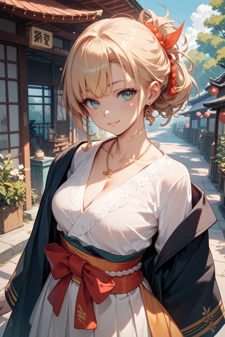 tmasterpiece， best qualtiy， ultra - detailed， TemariNS， 独奏， quad_coda， Small breasts， Forehead_Aegis， Japanese_clothes， perfect bodies， Off-the-shoulder attire，cleavage， ssmile， onthe mountain， Volumetriclighting， best qualtiy， tmasterpiece， Complicated details， Tone-mapping， tack sharp focus， ultra - detailed， Art Street is trending，Super big fan