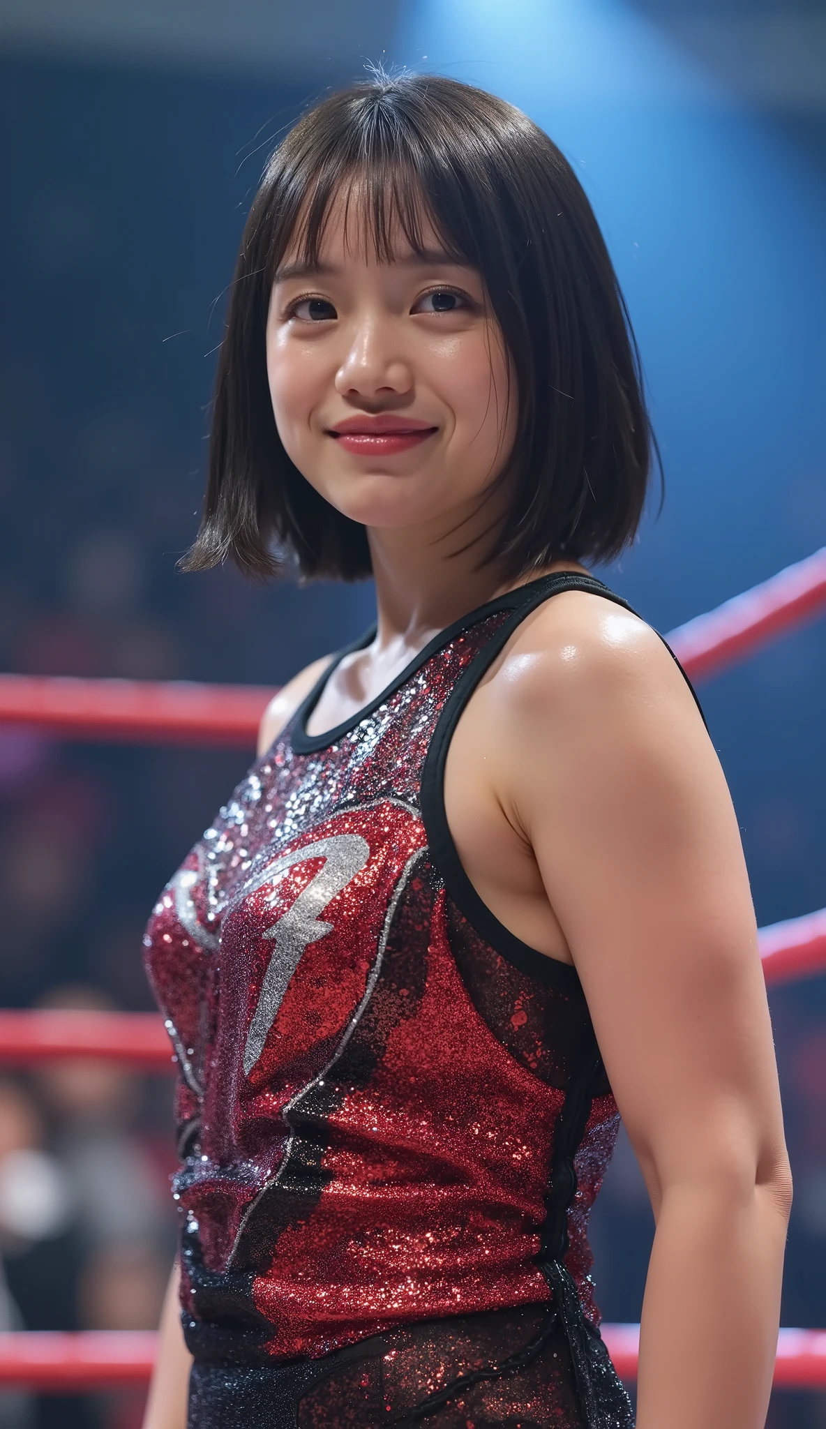 20-year-old、black hair、bob cut、professional wrestler、On the ring
