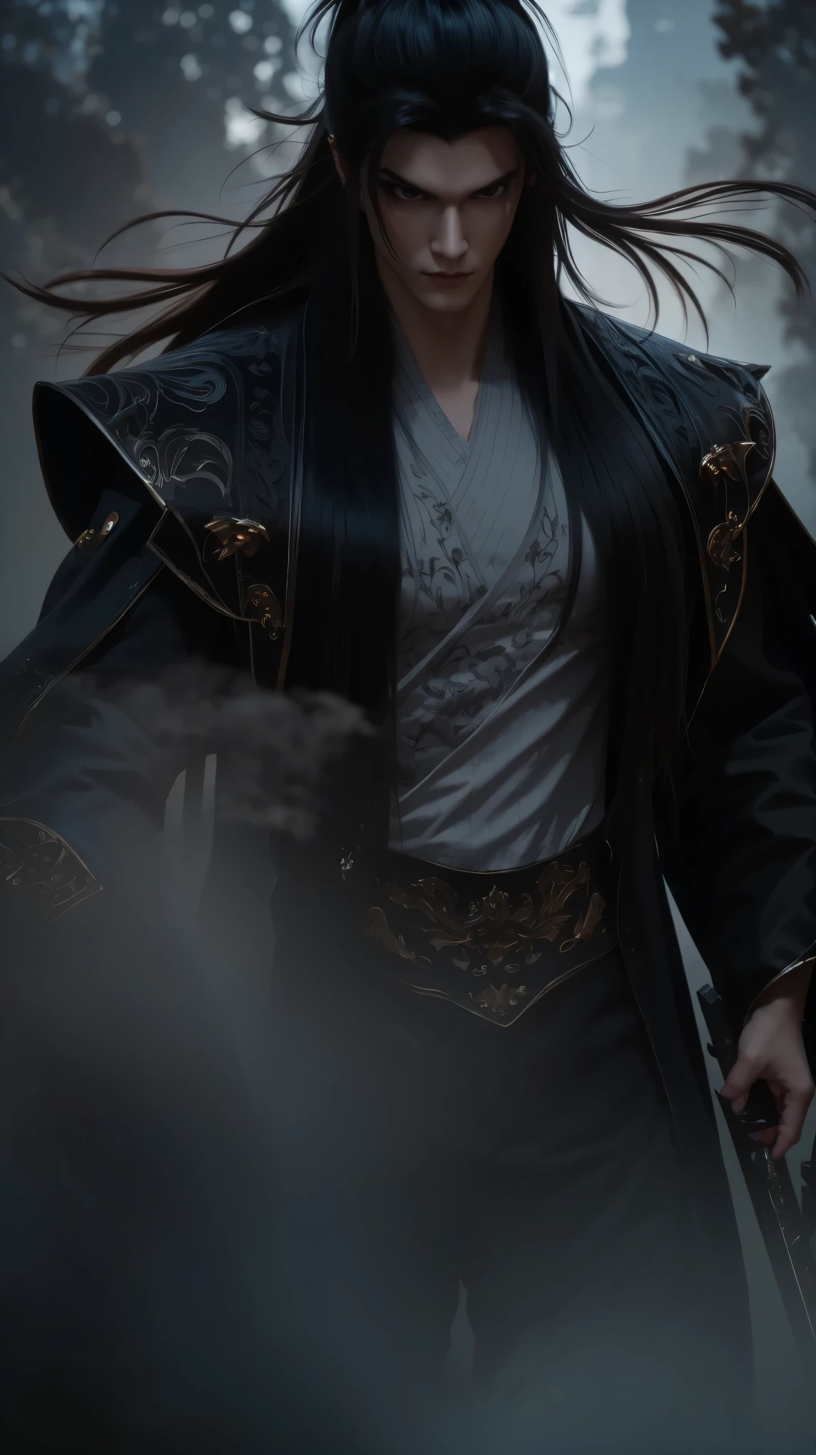 best quality,ultra-detailed,xianxia,death god,beautiful detailed eyes,beautiful detailed lips,extremely detailed eyes and face,flowing long hair,dark and mysterious atmosphere,black cloak,glowing red eyes with a sinister gaze,sword of darkness held tightly in hand,divine aura emanating from the figure,martial arts expert,ancient Chinese setting,misty mountains and waterfalls in the background,wisps of fog floating in the air,dramatic lighting with shadows and highlights,high contrast black and white color scheme,ethereal and otherworldly,profound and powerful presence,thunder and lightning in the distant sky,mythical creatures lurking in the shadows,imposing and intimidating,secrets and mysteries hidden within the scene