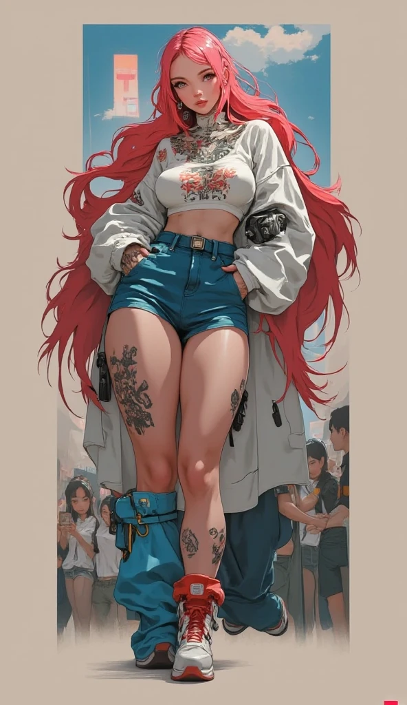 best quality,4k,8k,highres,masterpiece:1.2),ultra-detailed, extremely detailed eyes, extremely detailed body, (large masterpiece digital art), (detailed manga illustration), (detailed line art), ((perfect anatomy)), (intricate details:1.3), (ultra-detailed:1.3), (illustration:1.3), (sharp focus:1.3), (natural lighting:1.05), (vivid colors:1.3), (masterpiece), (best quality:1.4), (perfect anatomy:1.4), high quality, expressive eyes, full body, detailed face, beautiful face, perfect face, 1 girl, breasts, cleavage, gloves, large breasts, ultramarine jacket, very long hair, thigh length hair, ({dark skin}), dark-skinned female, detailed ((red hair)), messy hair, green eyes, gloves, jacket, hourglass physique, casual outfit, denim shorts, sneakers, graphic t-shirt, dynamic lighting, cityscape background curvy, Atey Ghailan, Jeremy Mann, Greg Manchess, Antonio Moro, trend in ArtStation, trend in CGSociety, Intricate, High Detail, Sharp focus, dramatic and photorealistic painting art by Midjourney and Greg Rutkowski, Jeff Bridges, ((cartoon style)), Marvel Cinematic Universe style, (((Boston in the background))), soft bokeh of Boston