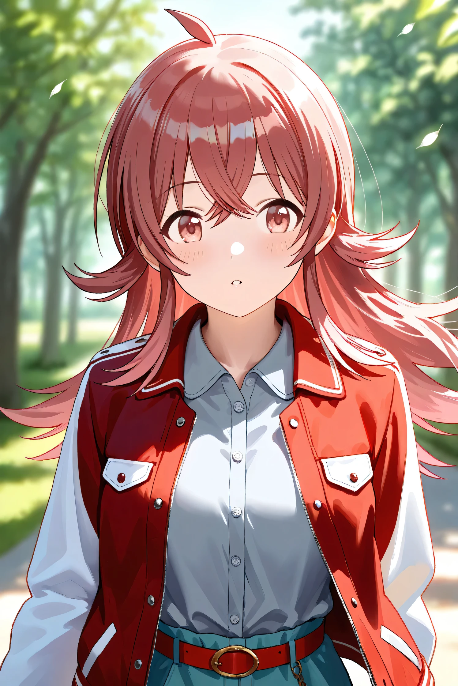 (Masterpiece), (Highest quality), (Very detailed),
(The best shape), (Best Shadow), (Absurd),
(Detailed background), (So beautiful), Shiny ,
Beautiful eyes in every detail, Extraordinary, Countershading, 8k, 32K, High resolution,
Very Detailed CG, UHD,
Score_9, Score_8_up, Score_7_up, Source_anime,
(Pastel painting:1.2), (Watercolor painting:1.2),
(Masterpiece, Detailed:1.2), (Foreshortening:1.2),
Cinematic, Dramatic, (Depth of field:1.4),
(Blurry background:1.4), (Realistic background:1.4),
(Foreshortening:1.3),Dynamic angle,
1 girl,
Outdoor, Nature, Park, Wind,
Komiya Kaho, komiya kaho,
the idolmaster shiny colors,
long hair, red hair, red eyes, hair between eyes, ahoge, (medium breasts:0.7),
(Casual wear:1.3),
(Collared shirt:1.1), (Gray shirt:1.3), (Plain shirt:1.3),
Souvenir Jacket, Open jacket, Red jacket, Long sleeves, White sleeves, (Plain jacket:1.2),
Hot pants, Turquoise hot pants, Belt, Red belt,
Portrait, Focus on face, (Close up shot:1.2),
(Blush:1.3), Parted lips,
Realistic skin, Shiny skin,