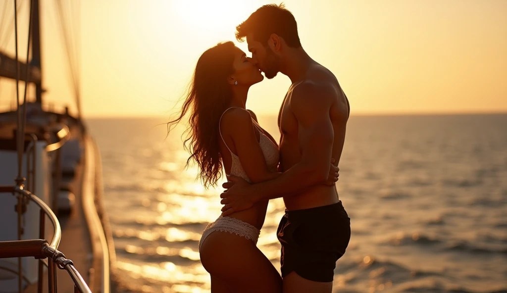 Couple on the beach kissing, lingerie