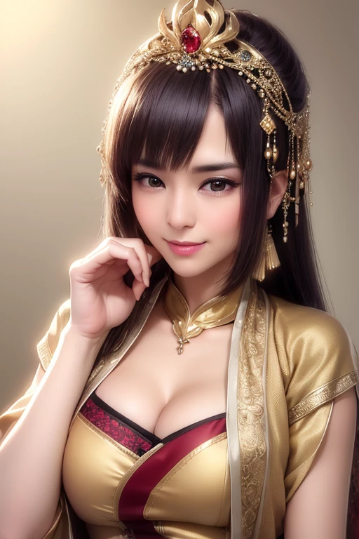 ((Highest quality, 8k, masterpiece :1.3)), 1 beauty woman, Ancient Japanese women,  （Very beautiful face）,（Himiko）,Glowing Skin, Ancient Japanese clothing,Cleavage,Cute smile, in the forest, Bonfire, night