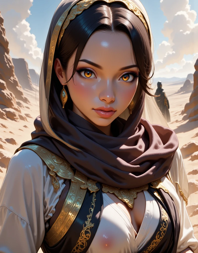 Mozhdah Jamalzadah, beautiful face, beautiful eyes, bulky big breasts, sensual, super realistic, well detailed face without distortions, epic image in best possible resolution, 8k, very realistic, depth of field, a work of art, whole body, desert, dust, sweat, lots of sweat, t-shirt, shorts, light fabric, portrait style
