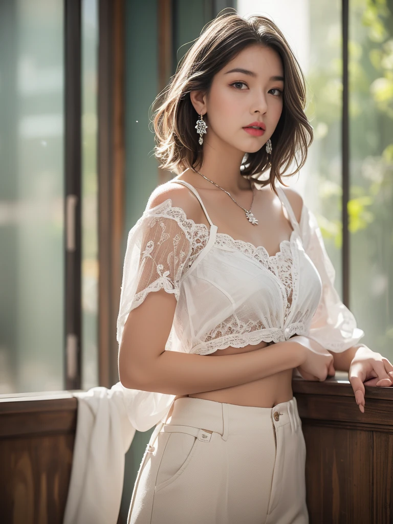 8K, masterpiece, RAW Photos, Highest quality, Realistic, Extremely detailed Cg Unity 8K wallpaper, Depth of written boundary, Cinematic Light, Lens flare, Ray Tracing, (Very beautiful face, Beautiful Lips, Beautiful Eyes), Exquisitely detailed face, ((Highly detailed skin)) One girl, In the Dark, Deep Shadow, Cute Korean Girl, K-Pop Idols, 1 Girl, (Very slim and slender muscular body:1.3), ((Displaying the viewer)),(Big smile:1.3), (Tight lace-up blouse), (Pink Shirt), (No sleeve) , (Fashion Night, Dark Night, (Neon Signs), (Blurred Background), Fashion Street Night),(There is no one in the background:1.3), Beautiful earrings, Bangles, necklace, pantyhose, Clear Eyes, (Pale skin), (Big eyes), Look forward, ((Upper Body Shot)), ((Silk white pants:1.3)),(Brown Hair),((skinny silk pants)), (Displaying the viewer:1.3) Open chest, Very slim, Medium chest, Turn back, Buckshot, , underwear