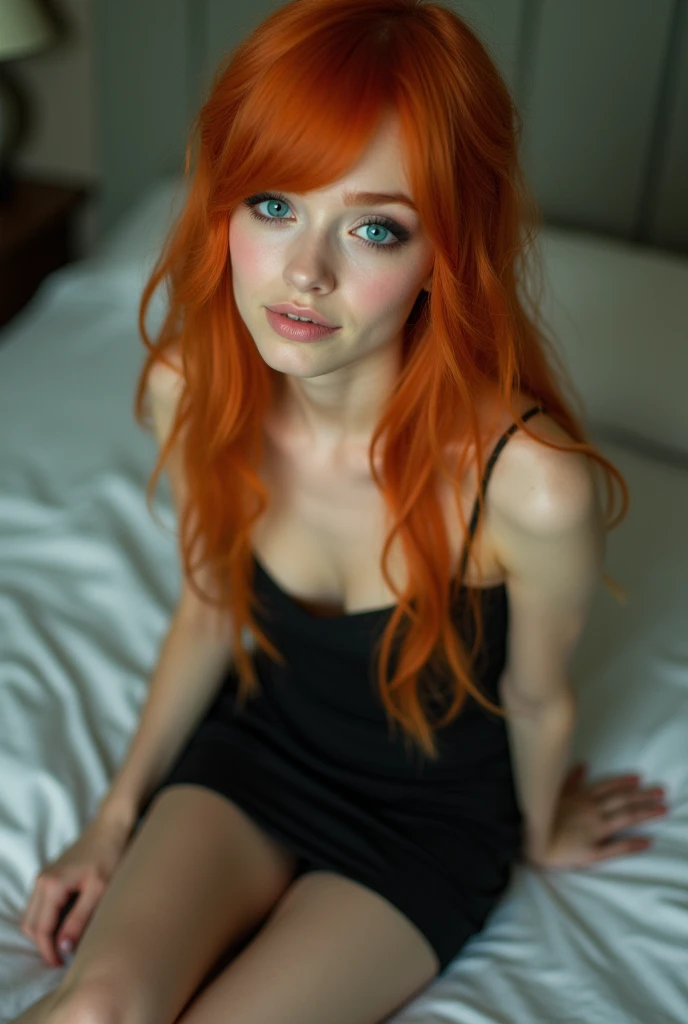 женщина в чёрном ажурном мини платье on the bed, amorant, better known as amorant, redhead girl, redhead, red haired goddess, redhead голова, young beautiful amorant, on the bed, red apple in hands,Young woman, Misa Amane cosplay, she is redhead, beautiful redhead woman, ( redhead, redhead woman