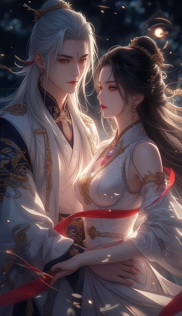 Tall, handsome, statuesque, courageous, adult man - platinum blonde, he is an antique king, light blue royal robes, he has long straight platinum hair, tanned skin, blue eyes, long bangs, he holds the hand of an incredibly beautiful young femme fatale blonde, she is wearing a thin antique robe, emphasizing her perfect figure, long golden hair is gathered in a beautiful hairstyle decorated with precious stones. They are in love with each other. Realistic image.