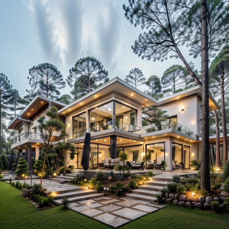 Masterpiece, high quality, best quality, authentic, super detail, exterior (white walls:1.5), walking path, garden lawn, natural stone slabs, tropical pine forest, (pine forest:1.5), garden lights, roof windows, chimney, smokestack, (sunset), led stairs, garden lights, BBQ, relaxing sitting space, leather sofa, outdoor wood furniture, umbrella, (soft lighting), vivid colour hight detailed, 8k uhd, dslr, film grain, Fujifilm XT3, AnNguyen_villadalat_v1