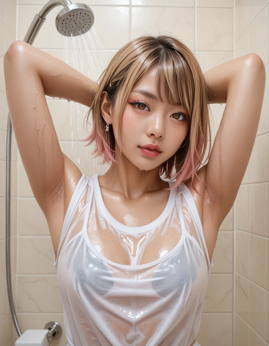 Browsing Caution,masterpiece,Highest quality,8K,20-year-old,(Female masturbation),Blonde shorthair with bangs,Dark Skin,(Saggy breasts,No bra,Large areola),T-Shirts,Underboob,Droopy eyes,Thick lips,close your eyes,Open your mouth,(((Drip lotion ,Oily skin))),shower room,G-string panties,Touching the chest with both hands,Charming smile,afterwards