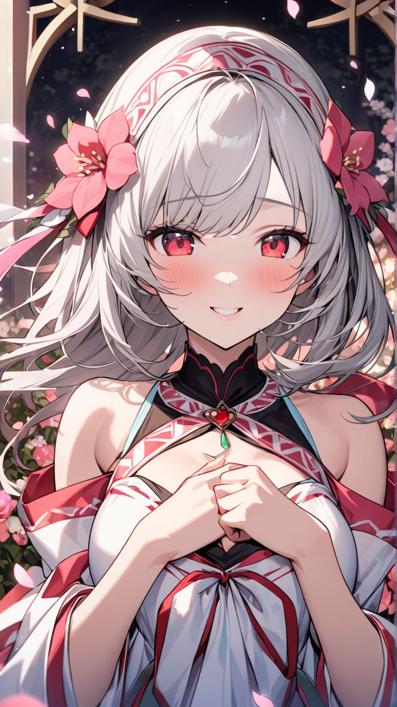 masterpiece, best quality, 1 girl, gray hair, (orange eyes), magenta aesthetic, upper body, magenta dress, smile, magenta background